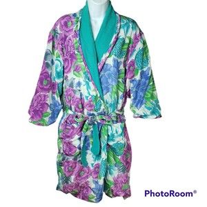 Vintage 90s Victorias Secret Floral Satin Robe Te… - image 1